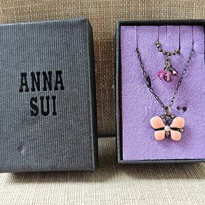 Vintage Anna Sui Women Necklace Butterfly Pendant Jewelry W/ Charm in a Box